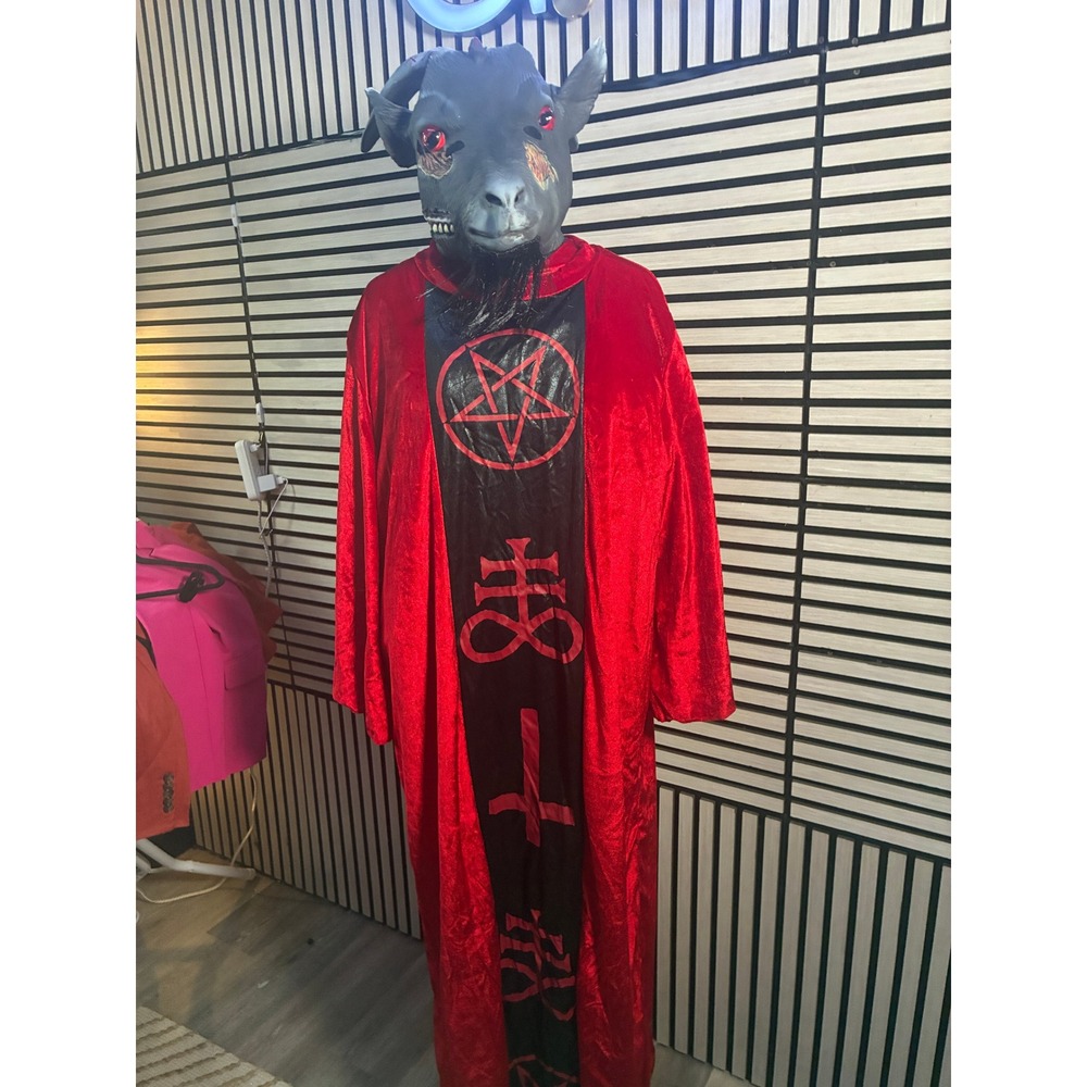 Baphomet Occult Goat Mask and Red Velvet Ritual Robe Costume Set Halloween